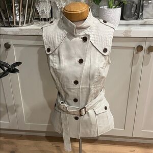 Blink Women's Ivory Leather Sleeveless Vest with Belt and Brown Buttons